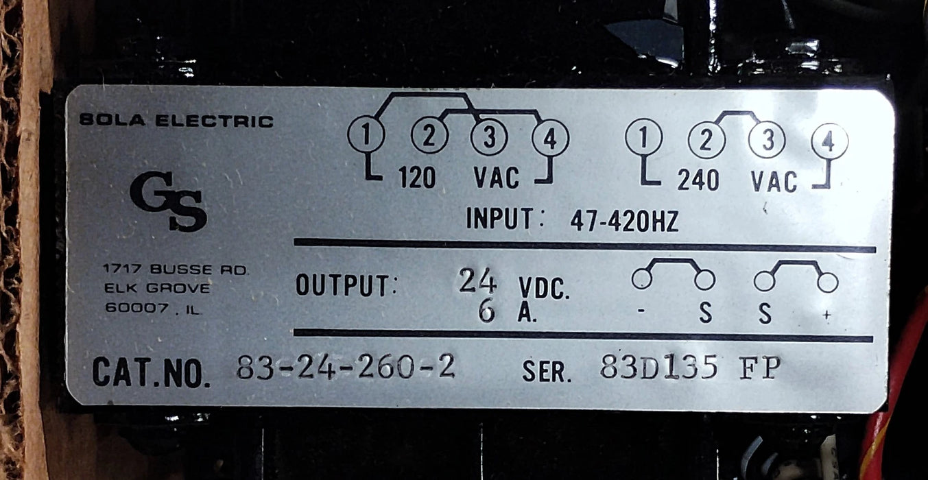 SOLA 83-24-260-2 Linear Power Supply w/ 120/240VAC Input and 24VDC 6A Output