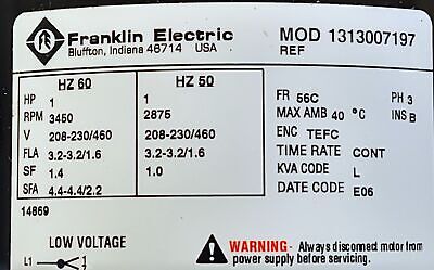 Franklin 1313007197 208-230/460 V 3.2 A 3-Phase 1 HP 3450 RPM TEFC AC Motor