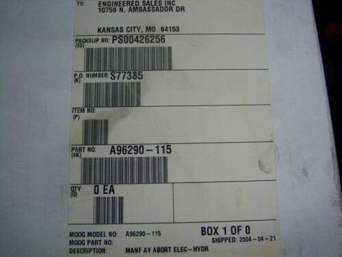 Moog Valve A96290-115 MANF AY ABORT ELEC HYDRAULIC
