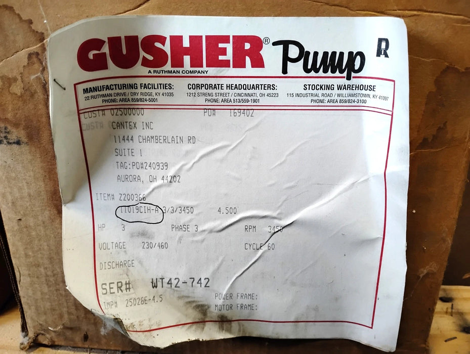 Gusher Pumps 11019CIH-A 208-230/460 V 3 HP 3PH 3450 RPM 182 GPM Centrifugal Pump