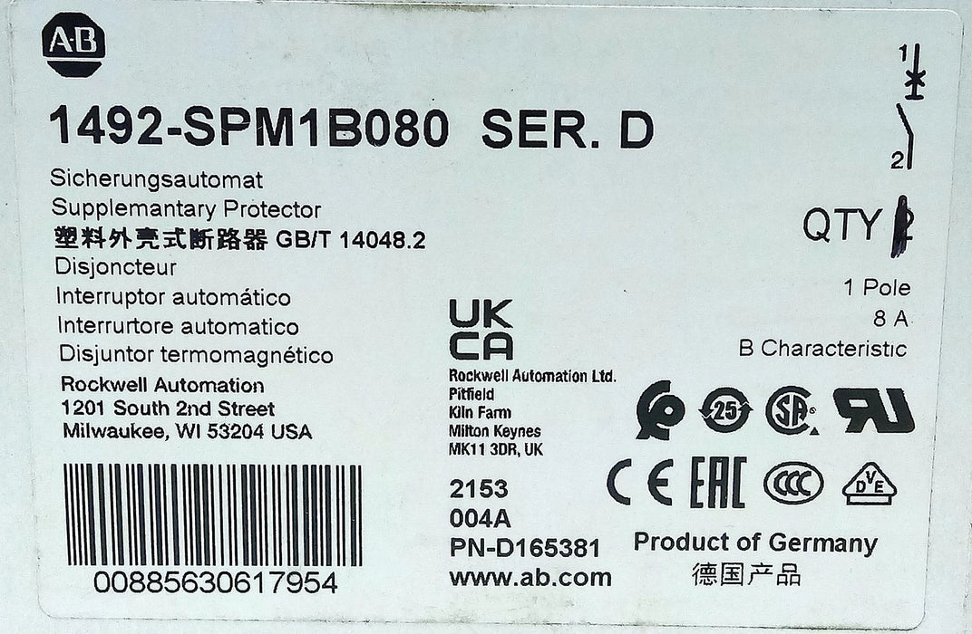 Allen-Bradley 1492-SPM1B080 277VAC/48VDC 8 A 1 Pole Supplementary Protector
