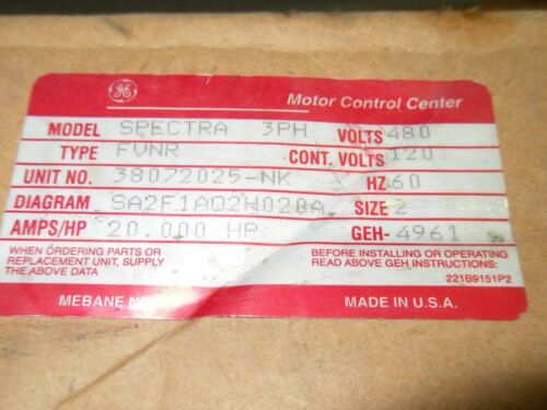 GE SPECTRA FVNR 20HP 3PH MOTOR CONTROL CENTER