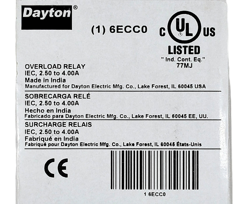 Dayton 6ECC0 2.5-4.0 A Adjustable Overload Protection Relay