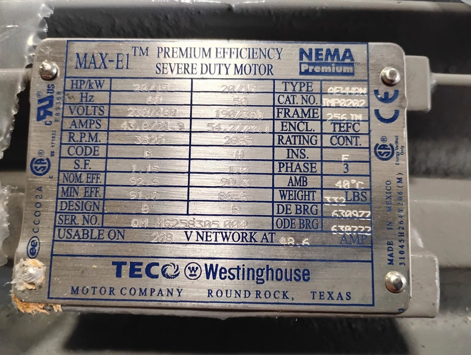 TECO Westinghouse JMP0202 230/460 V 3520 RPM 20 HP Close Coupled Pump Motor