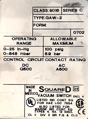 Square D 9016-GAW-2 480 V AC 10 A Vacuum Switch