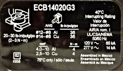 Schneider Electric ECB14020G3 480VAC 20A Molded Case Circuit Breaker