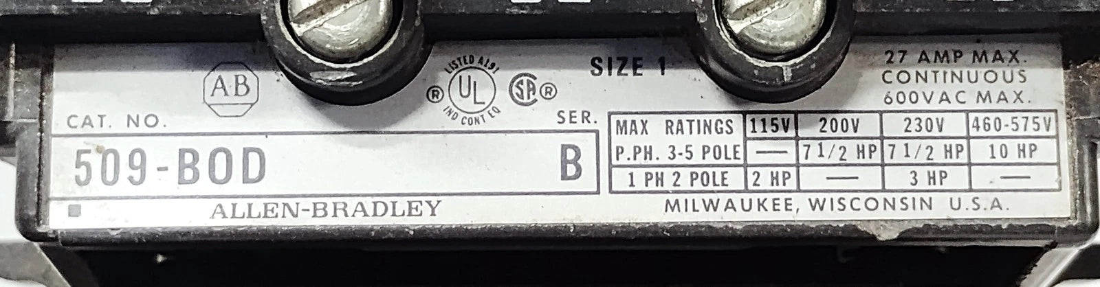 Allen-Bradley 509-BOD Ser B NEMA 1 Full Voltage Non-Reversing Starter