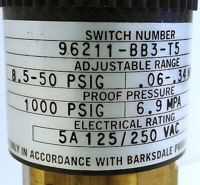Barksdale 96211-BB3-T5 8.5-50psi Adjustable Pressure Switch