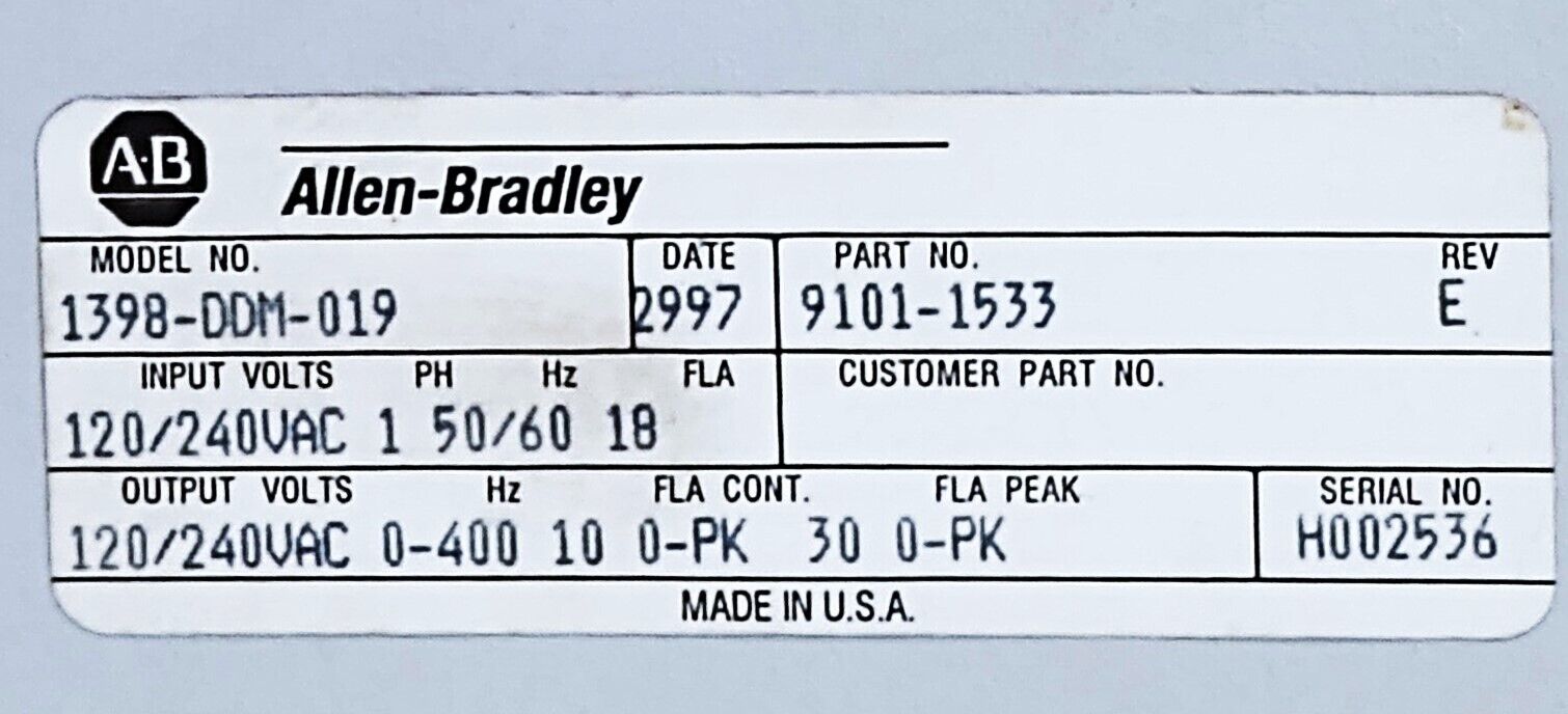 Allen-Bradley 1398-DDM-019 Ultra100 Rev E 120/240 VAC 30 A Servo Drive