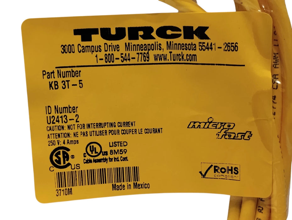 Turck KB3T-5 3-Wire Cable w/ 1/2 in Micro Fast Connector