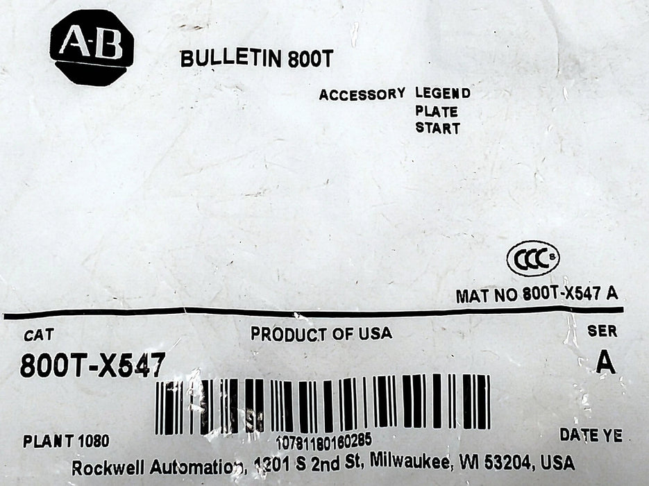 Allen-Bradley 800T-X547 START Aluminum Legend Plate for 30 mm Switches
