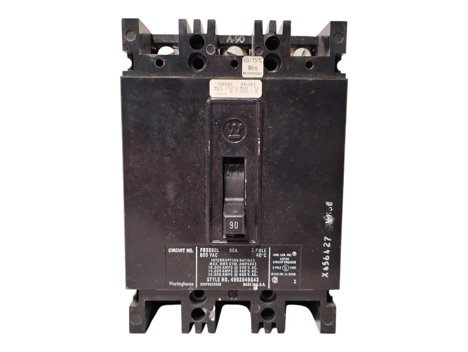 Westinghouse FB3090L 600 V AC 90 A 3-Pole Circuit Breaker