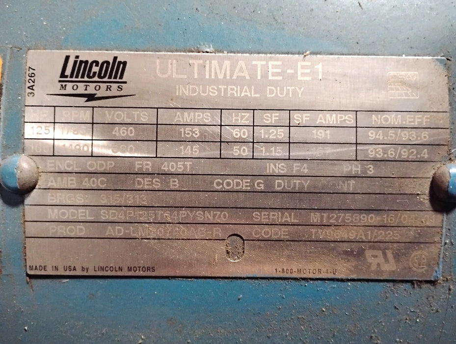Lincoln Motors SD4P125T64PYSN70 230/460 V AC 125 HP 1785 RPM Ultimate E-1 Motor