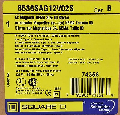Square D 8536SAG12V02S NEMA Size 00 Non-Reversing AC Magnetic Motor Starter