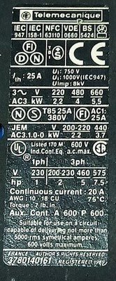 Telemecanique LP1-D0910BD 023360 600 v AC 9 A Contactor w/ 24 V DC Coil