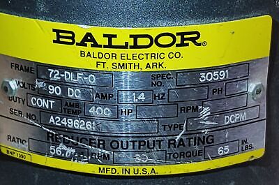 Baldor DCPM 30591 A2496261 90 VDC 1.4 A 60 RPM 56:1 Right Angle Gearmotor