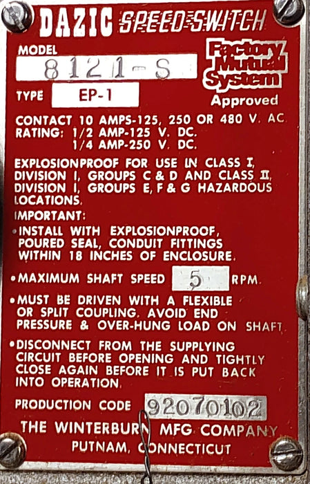 Winterburn 8121-S Type EP-1 125/250/480 VAC/125/250 VDC Speed Switch