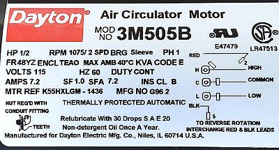 Dayton 3M505B 115 V 7.2 A 1/2 HP 1075 RPM Air Circulation Motor
