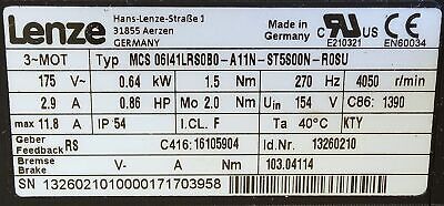 Lenze Americas MCS 06 41LRS0B0-A11N-ST5S00N-R0SU 2.9A 0.64KW 0.86HP Servo Motor