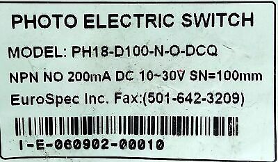 EuroSpec PH18-D100-N-O-DCQ 10-30 V DC Photoelectric Proximity Sensor