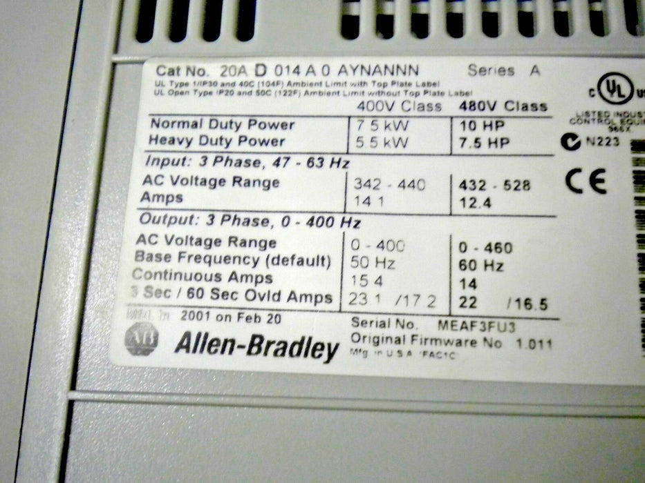 Allen-Bradley 20AD014A0AYNANNN 480 V AC 14 A 7.5 HP PowerFlex 70 Drive
