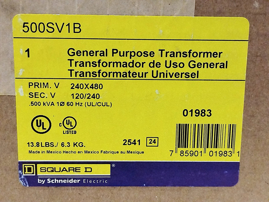 Square D 500SV1B 240/480 V AC to 120/240 V AC Step-Down Transformer