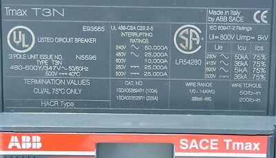 ABB T3N175 SACE TMAX 175 A 3 Pole AC Circuit Breaker
