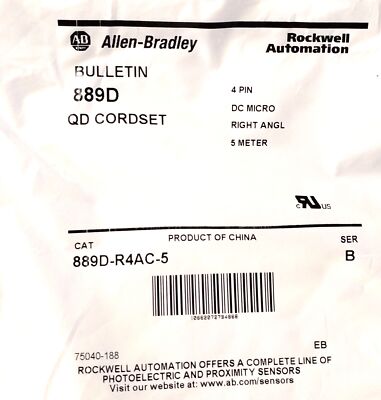 Allen-Bradley 889D-R4AC-5 PLC Cable w/ 1 4 Pin DC Micro M12 90¬∞ Angle Connector