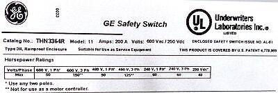 GE THN3364R 600 V 200 A 3-Pole 3-Wire Safety Switch in Type 3R Outdoor Enclosure