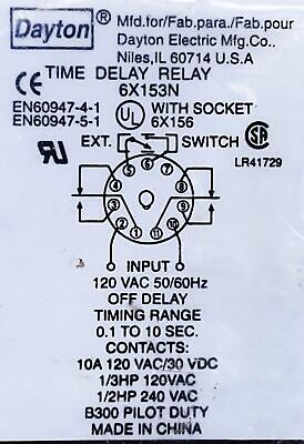 Dayton 6X153N 120 V 0.1-10 Sec Time Delay Relay