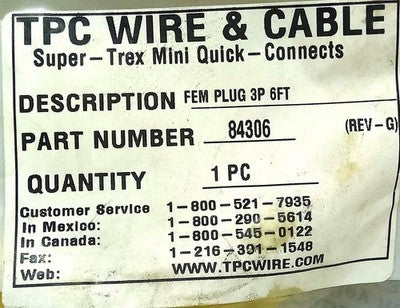 TPC Wire and Cable 84306 Super-Trex 300 V 3-Wire Cable w/ One 3-Pole Female Plug