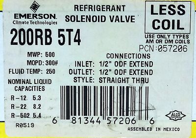 Emerson 200RB-5T4 Refrigerant Solenoid Valve Less Coil