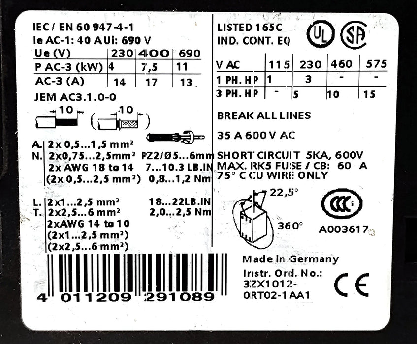 Siemens 3RA1120-1KA25-0BB4 400 V AC 9-12.5 A S0 Non-Reversing Starter