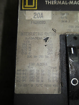 Square D FH36020 20A Circuit Breaker 3P 600VAC A0