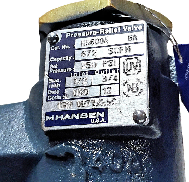 Hansen H5600A 250 psig Pressure Relief Valve w/ 1/2 in Inlet and 3/4 in Outlet