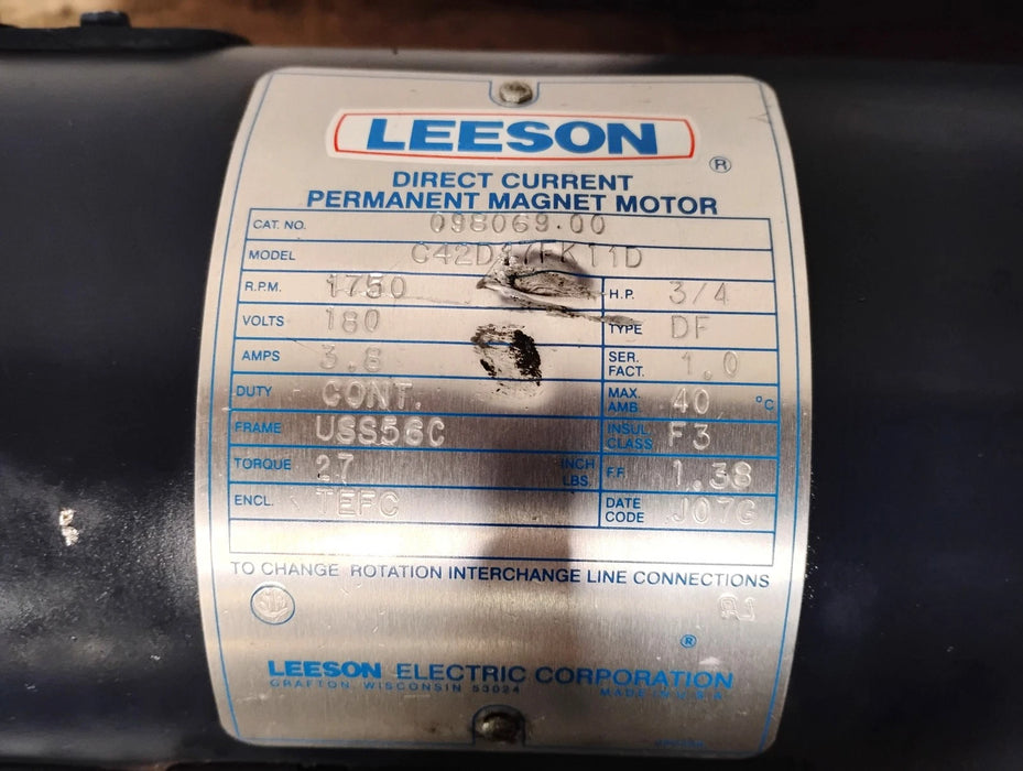Leeson 098069.00 180V 3/4HP 1750RPM Permanent Magnet Motor w/ Hub City 022060358