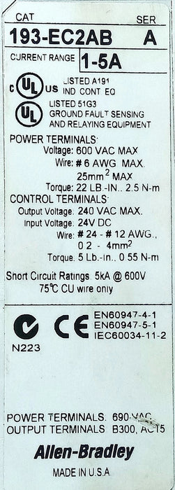 Allen-Bradley 193-EC2AB Ser A FRN 2.002 600V AC 1-5 A Solid State Overload Relay