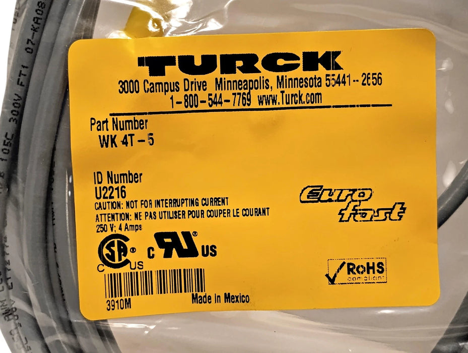 Turck WK-4T-5 3-Wire Cable w/ 1 M12 Euro Fast Connector