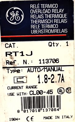 GE RT1J 690 V AC 1.8-2.7 A Adjustable Overload Protection Relay