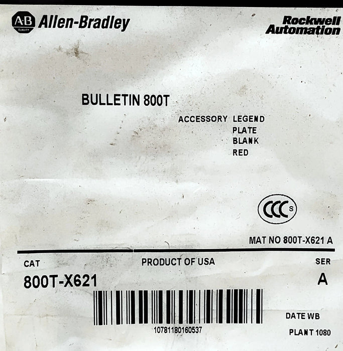 Allen-Bradley 800T-X621 BLANK Red Aluminum Legend Plate for 30 mm Switches