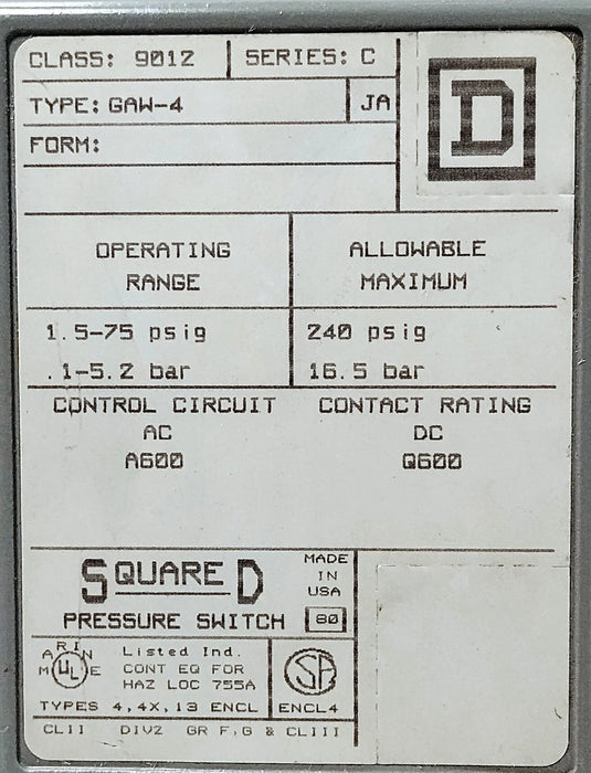 Square D 9012-GAW-4 Series C 120-600 V 1.5-75 psi Pressure Switch