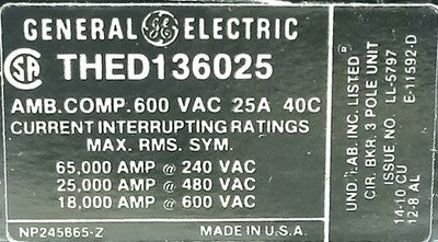 GE THED136025 600 V 25 A 3-Pole Circuit Breaker