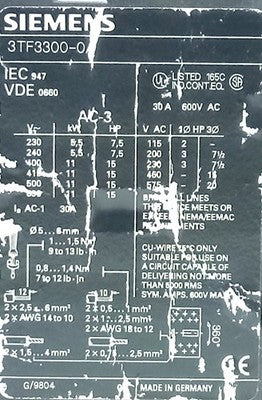 Siemens 3TF3300-0AC2 400/380 V AC 30 A 3-Pole Contactor w/ 24 V AC Coil