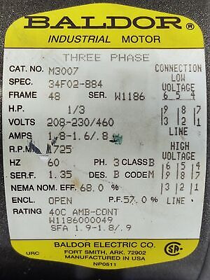 Baldor M3007 208-230/460 V 1.8 A 1725 RPM 1/3 HP 3-Phase Open Frame AC Motor