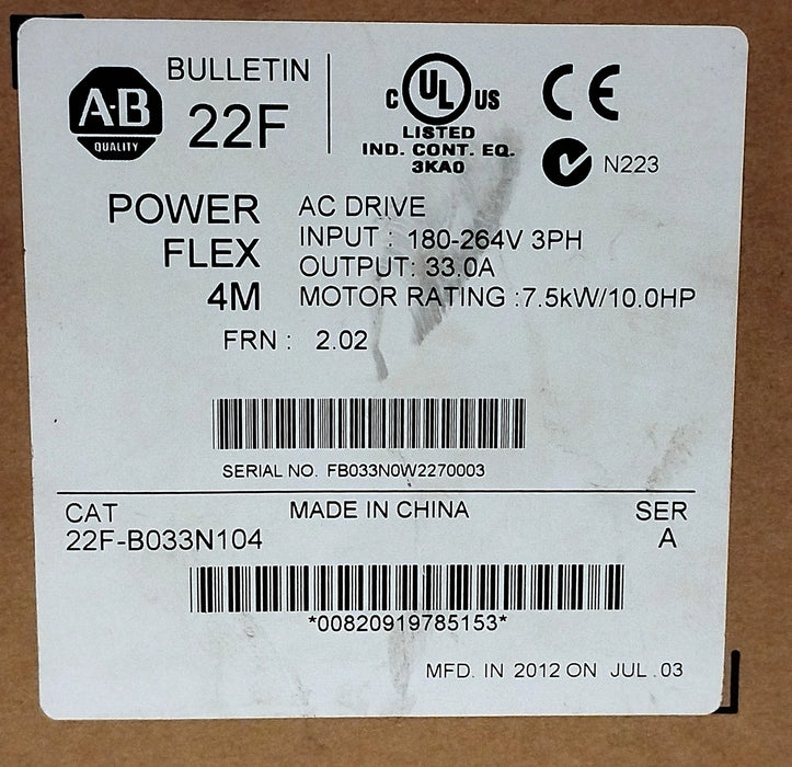 Allen-Bradley 22F-B033N104 POWER FLEX 4M 180 264 V AC 33 A 7.5 kW AC Drive