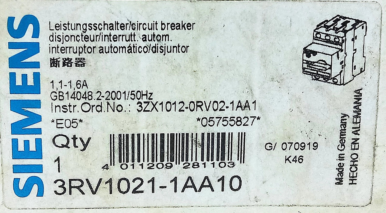 Siemens 3RV1021-1AA10 400VAC 1.1-1.6 Adjustable Amperage 3-Pole Circuit Breaker