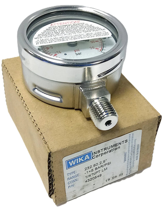 WIKA 4320549 232.50.2.5 (-1)-5 Bar (-14)-70 psi Stainless Steel Pressure Gauge