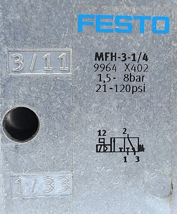 Festo MFH-3-1/4 9964 21-120 psi Solenoid Valve w/ No Coil