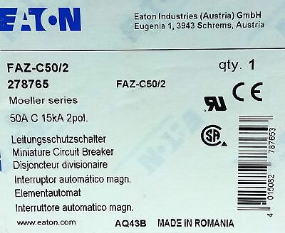 Eaton FAZ-C50/2 277VAC/125VDC 50 A 2 Pole Miniature Supplementary Protector