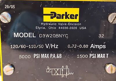Parker D3W20BNYC 110/120 V AC 0.72-0.80 A 5000 PSI 4/2 Directional Control Valve